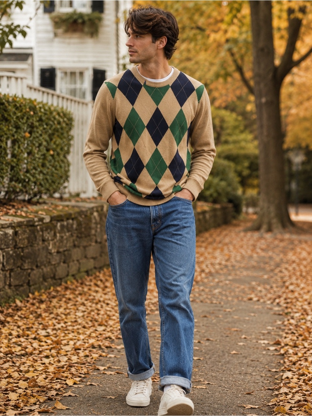 Club Room Mens Large Argyle Preppy Merino Wool Blend Camel Sweater